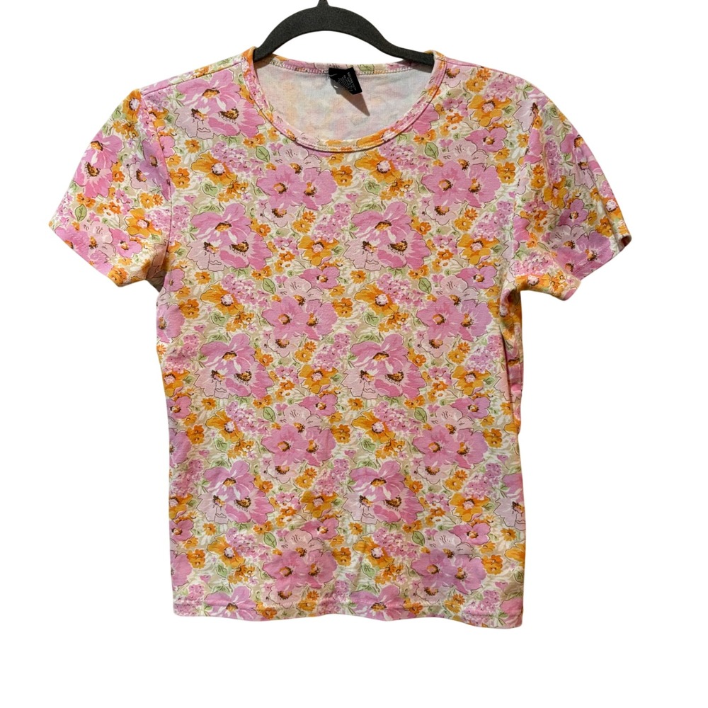 Gap Floral T-Shirt Womens Medium Pink Orange Vintage 2000‎ Y2K Ribbed Cotton